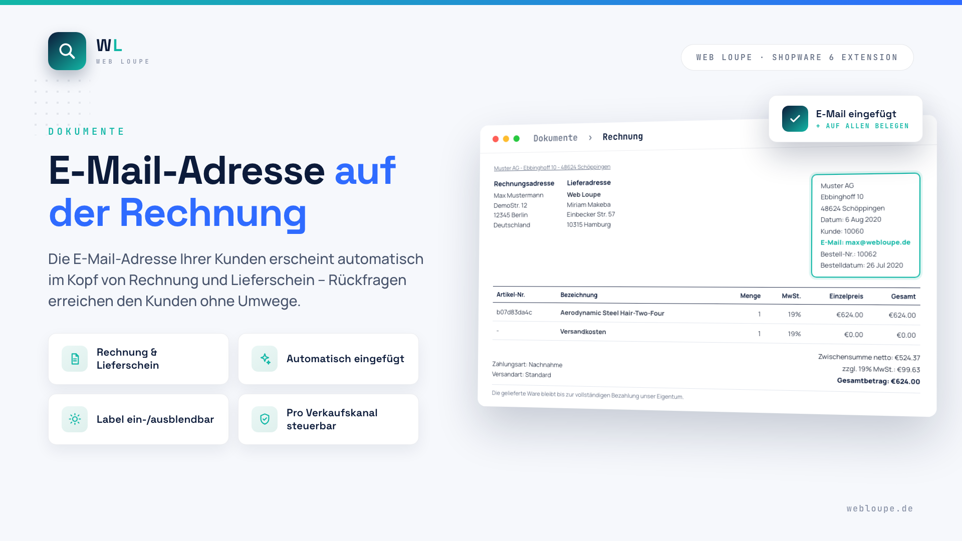 E-Mail address on invoices and delivery notes for Shopware 6