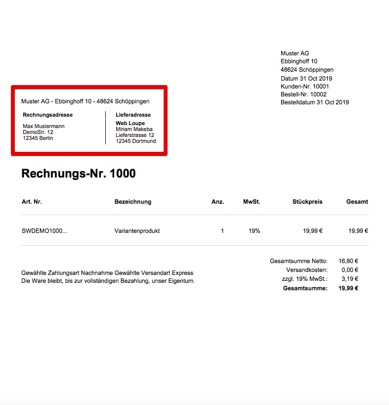 Billing and shipping addresses on the documents