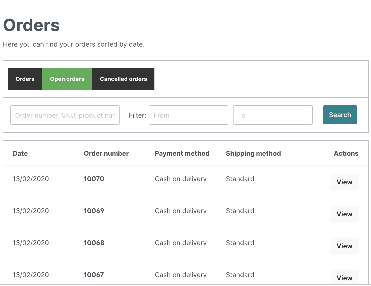 My Orders Filter